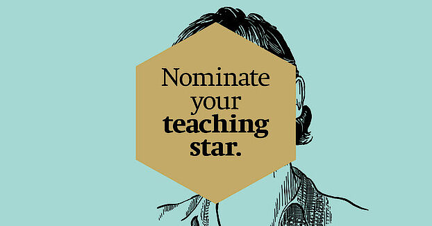 Bild mit blauem Hintergrund und Skizze einer Person, darauf steht auf einer goldenen Fläche "Nominale your teaching Star"