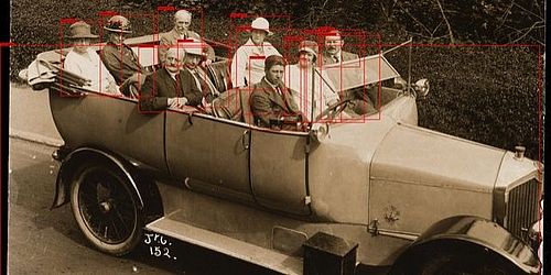 Menschen in einem Auto, Gesicht wird mit einem roten Rahmen umrandet 