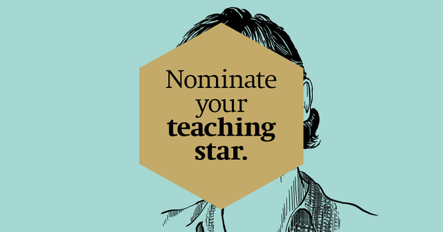 Bild mit blauem Hintergrund und Skizze einer Person, darauf steht auf einer goldenen Fläche "Nominale your teaching Star"